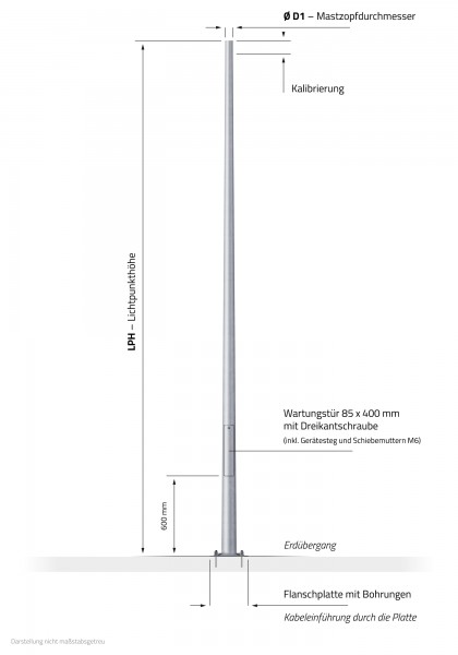 6m Laternenmast Flanschplatte - Ø 76 mm Zopf (konisch, Stahl, verzinkt)