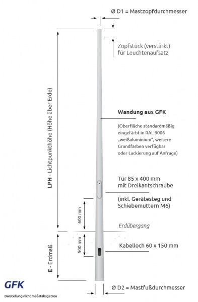 8m Leuchtenmast - Lichtmast aus Glasfaser Kunststoff
